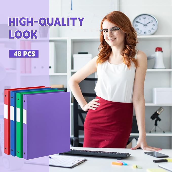 Henoyso 48 Pcs 3 Ring Binder 1/2'' Round Fits Letter Size 8.5'' x 11'' Paper Plastic Flexible Binder Holds 140 Sheets with 1 Pockets Versatile Organizer for Home Office School (Blue Green Purple Red)
