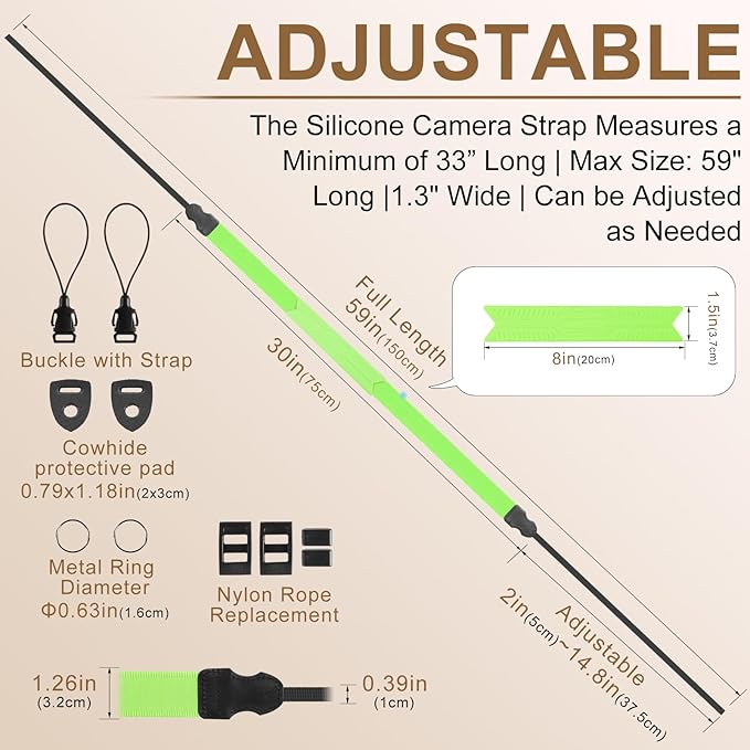 Neck Strap Silicone Camera Straps - Padded Camera Strap, 1.5" Wide Adjustable Nylon Shoulder Strap - Compatible with Canon, Nikon, Sony, and More DSLR and Mirrorless Cameras (Fluorescent Green)