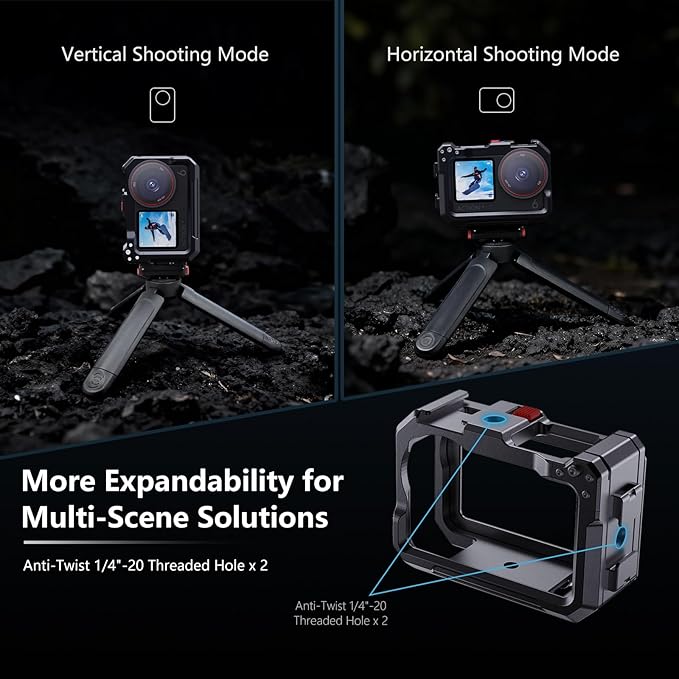 Aluminum Alloy Camera Cage Compatible with DJI Osmo Action 6 Camera Accessories, Protective Cage Expansion Frame Case with Cold Shoe Mount | 1/4" Screw Adapter for Tripod, Selfie Stick