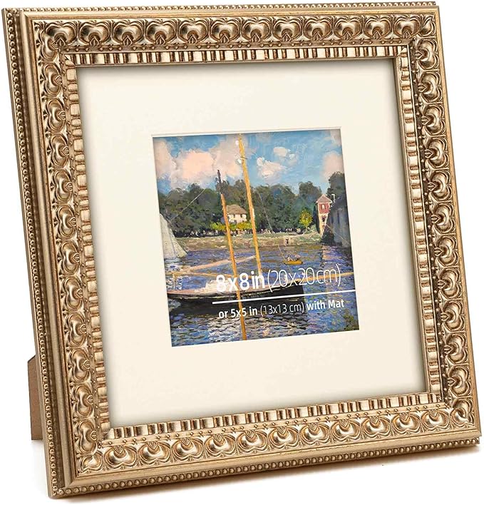 8x8 in Antique Silver Ornate Vintage Wood Picture Frame, Matted for 5x5 Photos, Real Glass Protection, Tabletop or Wall Mounting Display