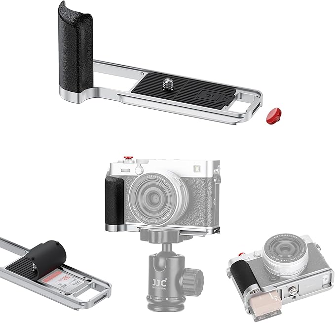 JJC Metal Hand Grip L-Bracket & Shutter Button for Fuji Fujifilm X-E5 XE5 Camera, Silicone Handgrip, Anti-Slip Pads with SD Card Holder, Arca Swiss Quick Release Plate & 1/4"-20 Tripod Hole, Silver