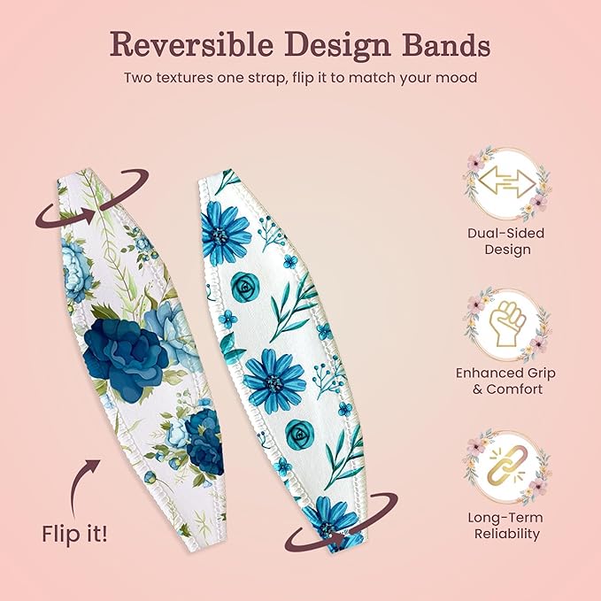 Switchbands Universal Phone Grip Strap Pack of 2, Wireless Charging Compatible, Reversible & Customizable Slim Anti-Drop Phone Grip Holder for iPhone, Samsung & Other Phone Cases - Blooming Blue