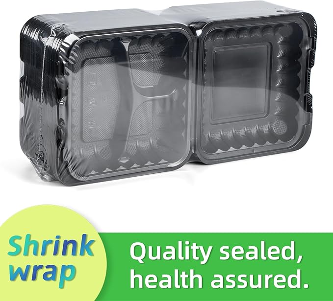 LEOBOX Food Containers Mineral Filled PP Plastic - 55 Pack 34oz 8 Inch | Shrink Wrap BPA Free Lunch Boxes | Freezer & Microwave Safe for Meal Prep | Black 3 Compartment Disposable Takeout Container