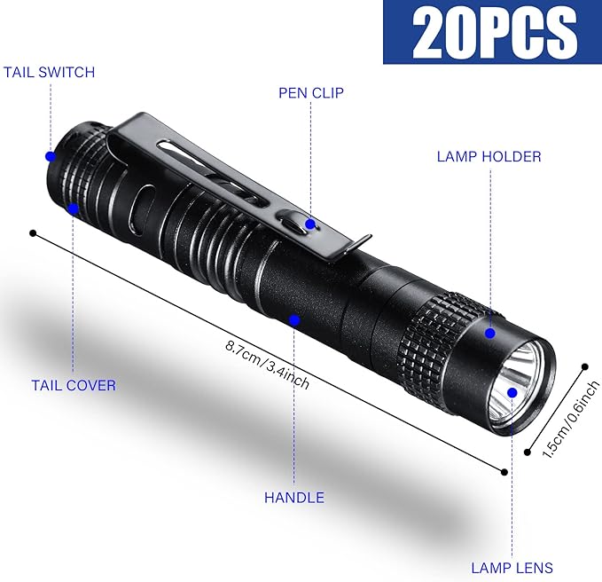 Hortsun 20 Pcs Mini Pen Light Flashlights Christmas Gifts for Men Pocket Flashlights Pen with Clip Small LED Handheld Slim Torches Without Battery(3.54 Inch,Black)