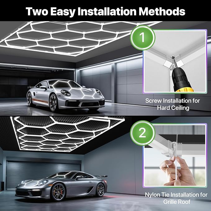 Glitgate Hexagon LED Garage Light, 579W 63690LM 14-Grid Honeycomb Hex Lighting System, 6500K Ultra Bright Ceiling Light for Garage, Car Detailing Shop, Workshop, Basement, Gym