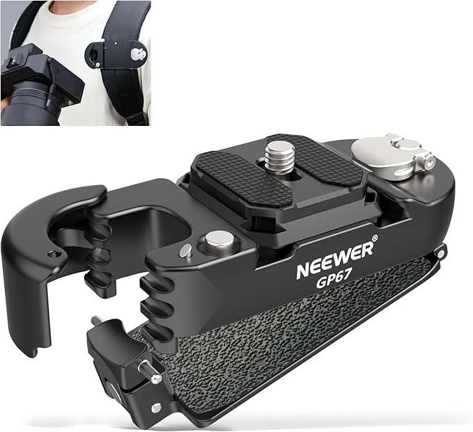 NEEWER Backpack Camera Clip Mount with Square QR Plate, Upgraded Safety Latch, Quick Release Camera Belt Clip Backpack Strap Compatible with PD QR System Canon Nikon Sony DSLRs, GP67