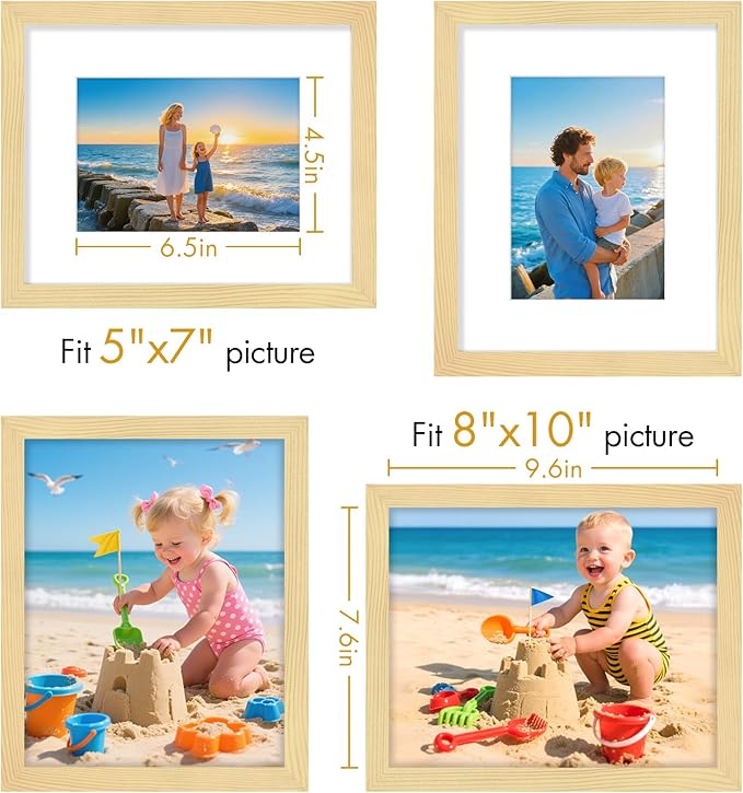 Vittanly 8x10 Picture Frame, Made of Solid Wood and Shatterproof Plexiglass, Display Pictures 5x7 with Mat or 8x10 without Mat, Wooden Photo Frame for Wall Mounting or Tabletop, Natural, 1 Pack