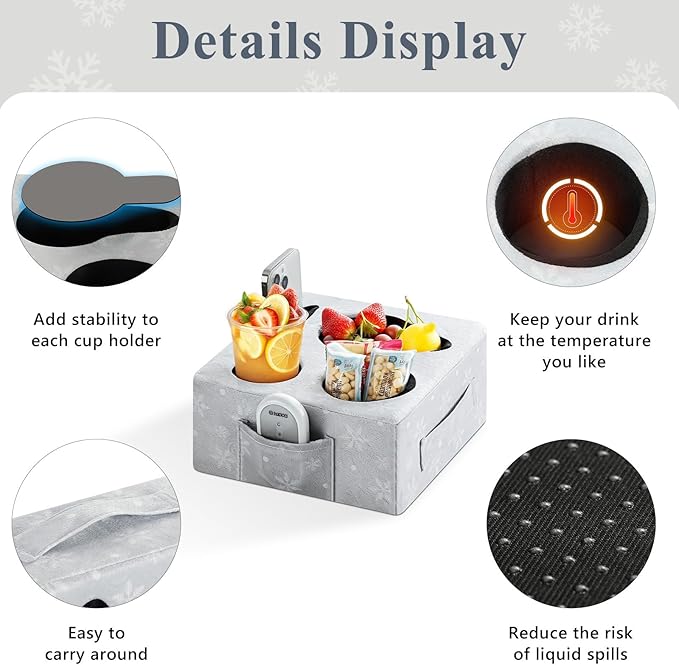 Luxspire Couch Cup Holder Tray, Couch Cup Holder Pillow with 4 Holes, Side Pocket and Handle, Couch Caddy Pillow for Phone/Drinks/Remote Control/Snacks, Christmas Style