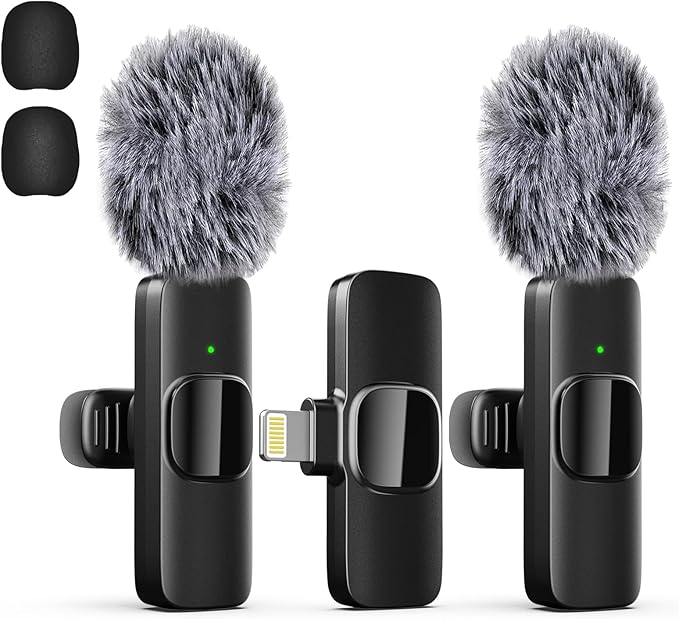 Professional Wireless Lavalier Lapel Microphone for iPhone, iPad, Mini Video Recording Mic for Interview Video Podcast Vlog YouTube & Livestream, Noise Reduction, Plug & Play ，2 Pack (Lightning Port)