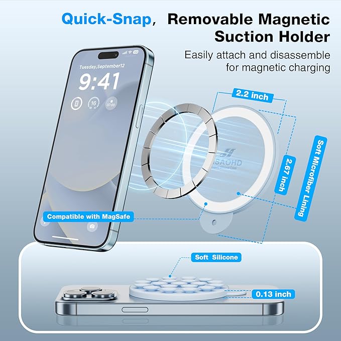 Magnetic Suction Cup Phone Mount with MagSafe, Silicone Hands-Free Grip Holder for iPhone Case and Android, Mirror Shower Phone Stand for Makeup FaceTime Gym Kitchen Bathroom, Baby Blue