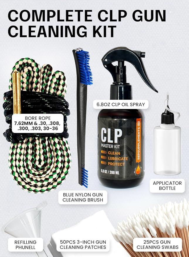 Gun Cleaning Oil Kit 3-in-1 Cleans, Lubes, Protects - 6.8 Oz Sprayer Gun Oil Cleaner and Lubricant, Needle Oiler, Cleaning Patches, Cleaning Swabs and Brush - Gun Oil and Cleaning Kit