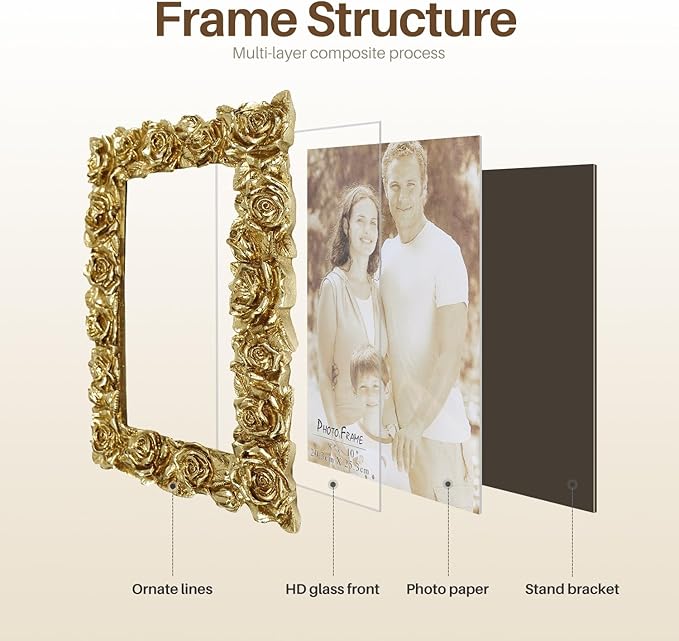 Cuspin 8x10 Picture Frame Vintage, Gold Ornate Rose Flower Resin Photo Frame with Glass Front for Wall Hanging or Tabletop Display, Antique Picture Frames for Home Decor