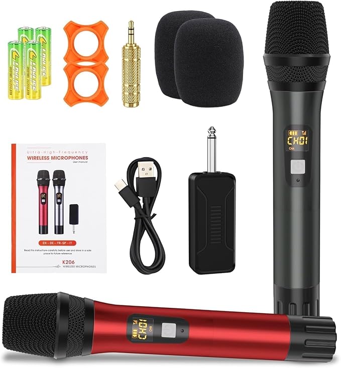 Wireless Microphones, Professional UHF Metal Dual Handheld Cordless Dynamic Mic System with Rechargeable Receiver, 1/4" Output, 160ft Range, Auto Connect for Karaoke, Party Singing, Church, Speech, DJ