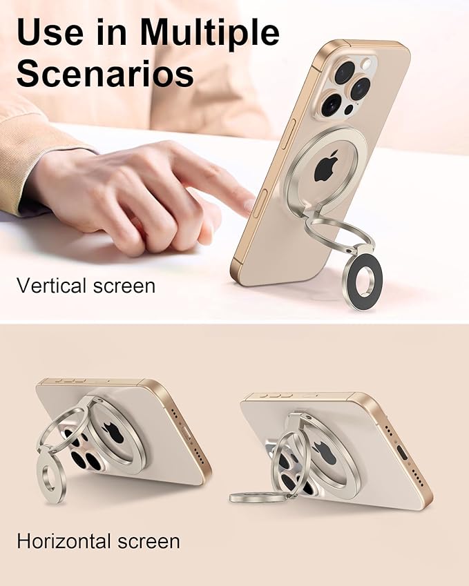 Portable Magnetic Phone Ring Stand, Dual-Side Phone Grip Holder for iPhone 17, Samsung, Foldable Kickstand Soporte Magnético para Cellular Compatible with Car Mount, Desk Stand, MagSafe & Cases-Gold