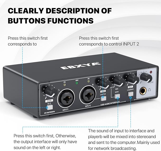 EBXYA 2x2 Audio Interface for Recording Music, 24-bit/192kHz Plug and Play USB Interface for PC and Mac, Studio, Guitar, Podcast, Streaming(Metallic Black)