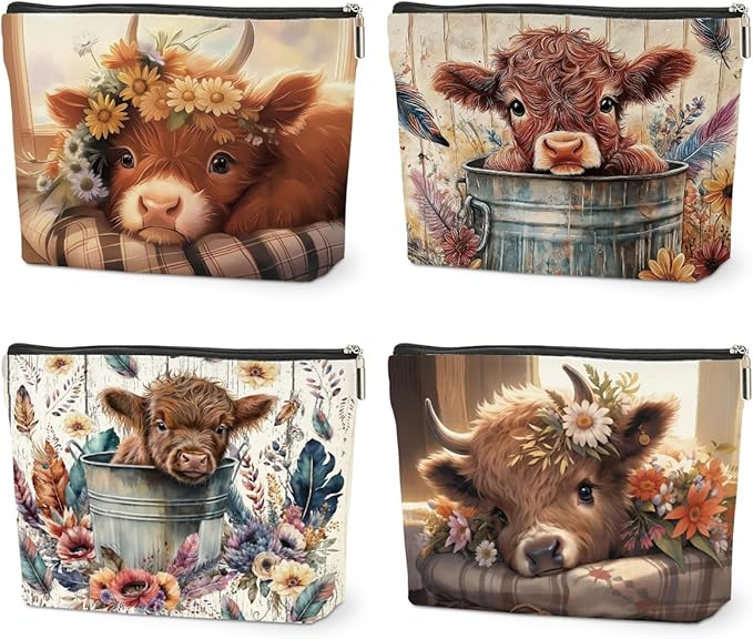 4 PCs Highland Cow Makeup Bag Cow Print Stuff Highland Cow Gifts Cosmetic Bag, Western Gifts for Women Scottish Girls Best Friends Coworkers, Cute Cow Stuff Christmas birthday Gifts Zipper Pouch