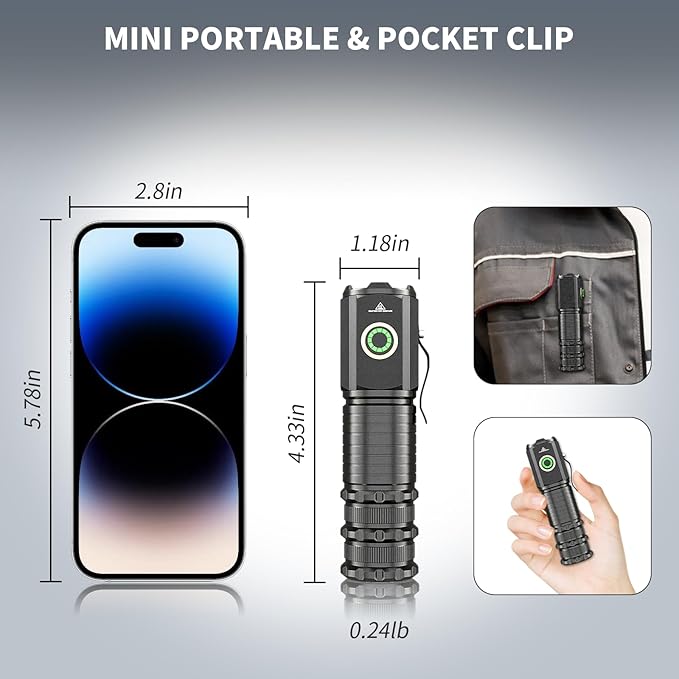 Wind&Moon Mini Flashlight High Lumens Rechargeable, Super Bright Pocket Flashlights,Tactical EDC Light with Magnetic, 5 Modes,USB-C,Compact for Home,Car,Outdoor,Hiking, Emergency