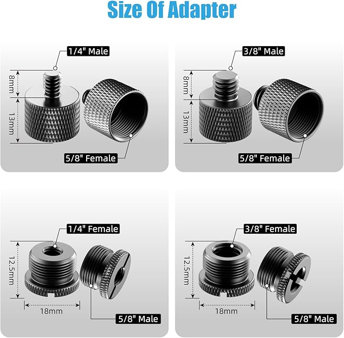 8 Pack Mic Stand Adapter 5/8 Female to 3/8 Male and 3/8 Female to 5/8 Male, 5/8 Female to 1/4 Male and 1/4 Female to 5/8 Male Screw Thread Adapter Mic for Microphone Stand Boom Arm Camera Tripod