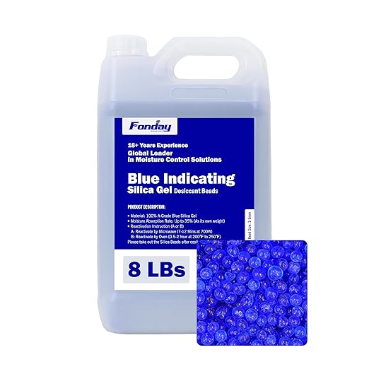 8LBS Fonday Blue Indicating Silica Gel Beads Desiccant Moisture Indicating Blue to Pink Reusable Industry Standard Bead Size 3 to 5mm