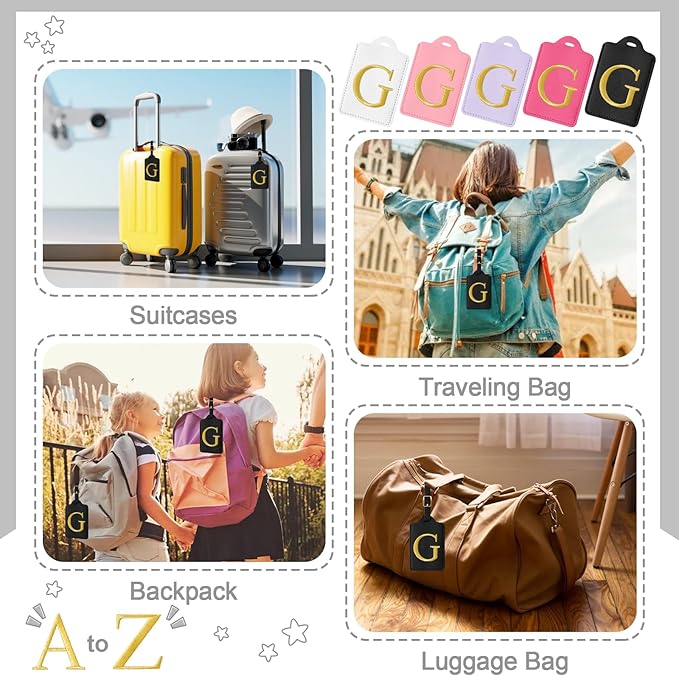Initial Luggage Tags for Suitcases, Cute Embroidered Letter Luggage Bag Suitcase Identifier Name Baggage Tag, PU Leather Travel Luggage Tags, Bag Tags for Men Women Kids Luggage Handbags(Black G)