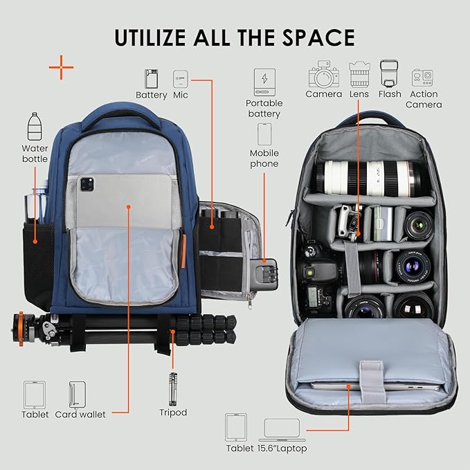TARION Large Camera Backpacks for Photographers - Waterproof Camera Bag Photography backpack with 15.6" Laptop Compartment Rain Cover Side Access Tripod Holder(TB04 Blue)