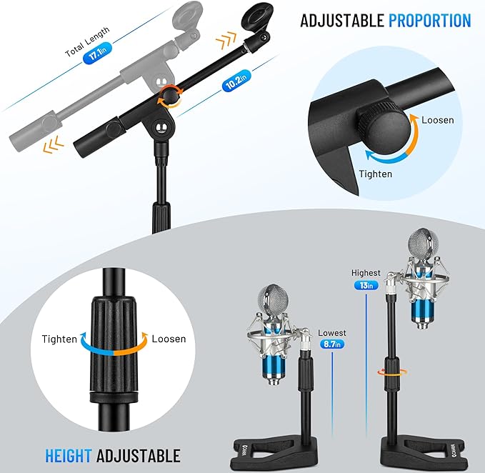 CAHAYA Mic Stand Desk Adjustable - Boom Arm Desktop Microphone Stand Metal Weighted Base A-frame Table Mic Mount with 2 Mic Clips 3/8" to 5/8" Screw Adapter Mic Mount for Singing Stage Performance