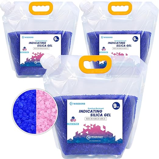 Net 27LBS Blue Indicating Silica Gel Beads Desiccants (Industry Standard 3-5 mm) - Reusable Desiccant Beads Silica Beads [Blue to Pink, 3 Packs of 9LBS]