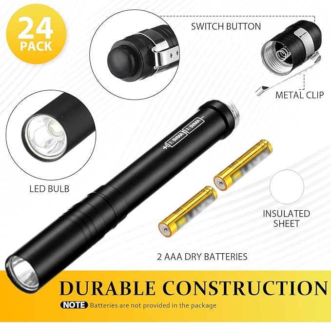 24 Pack Christmas Mini Pen Flashlights Bulk Gifts LED Pen Lights Aluminum Pocket Flashlights with Clips Small Handheld Torches for Men Camping Hiking Emergency Outdoor (Black,Silver,Yellow)