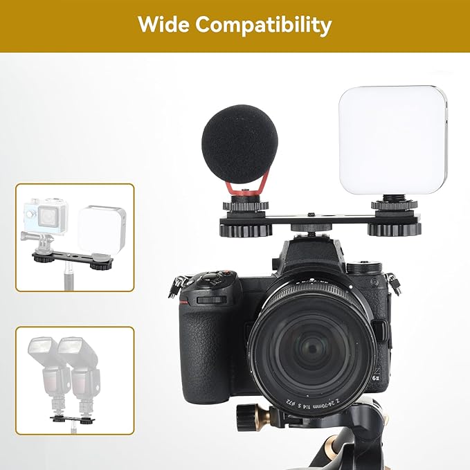 UTEBIT 5 inch Flash Bracket, Long Dual Camera Mount Flash Bracket Extension Bar with 1/4“ Hot Shoe, Straight Flash Brackets 1/4-3/8 Thread Hole Tripod Mount for Camera/LED Light/Microphone