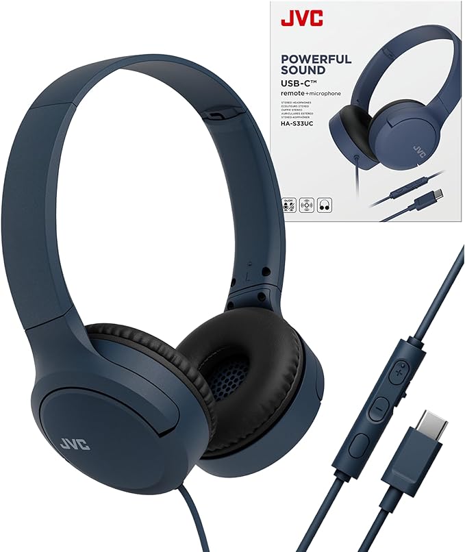 JVC USB-C Wired On-Ear Headphones with Mic – Comfortable All-Day Wear, Clear Calls, Rich Sound – Foldable & Lightweight – Tangle-Free Single-Sided Cable – Great for Gaming & Work from Home