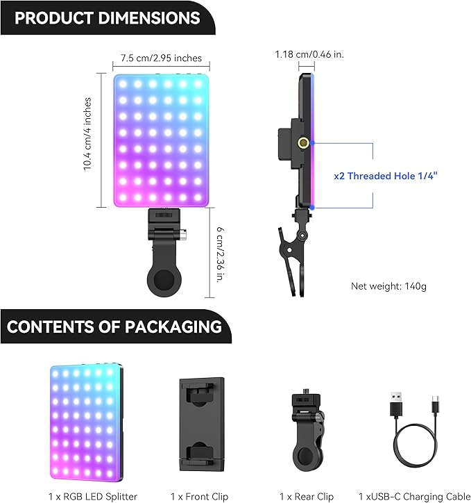 ENEGON RGB Selfie Light, 360° Full Color RGB Video Light with 24 Effects, 78 LED 2000mAh Rechargeable CRI 95+ and 2500K-9000K CCT, Portable Clip on Light for Phone/Tablet/Laptop/Streaming
