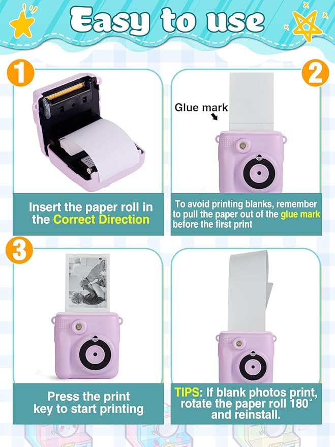 9 Rolls Kids Instant Camera Print Refill Paper- Photo Printer Thermal Paper Rolls Instant Print Camera Refill Paper for 4 5 6 7 8 9 10 Year Old Girls Boys Birthday Gifts