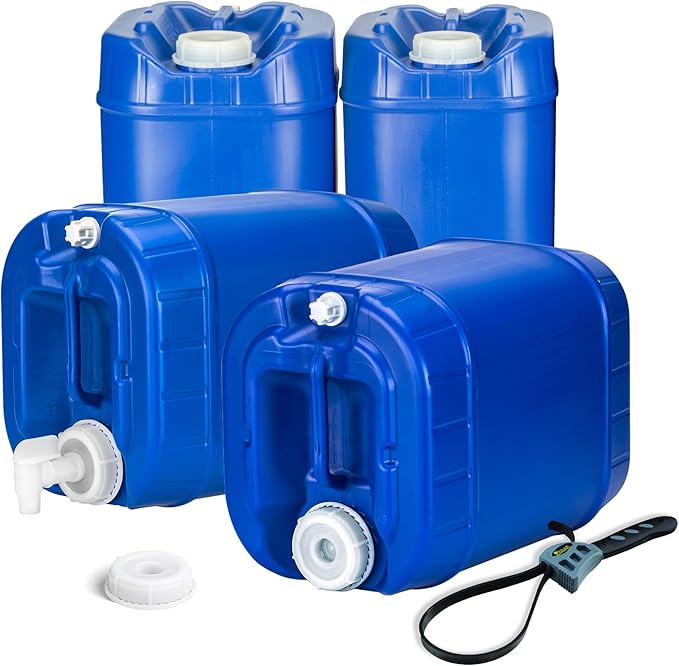 Legacy Food Storage Emergency Water Storage Containers, Long Term 5 Gallon Water Tank - 4 Stackable Food Grade Tanks Included, for Camping, Prepping, Survival - 20 Gallon Total Capacity