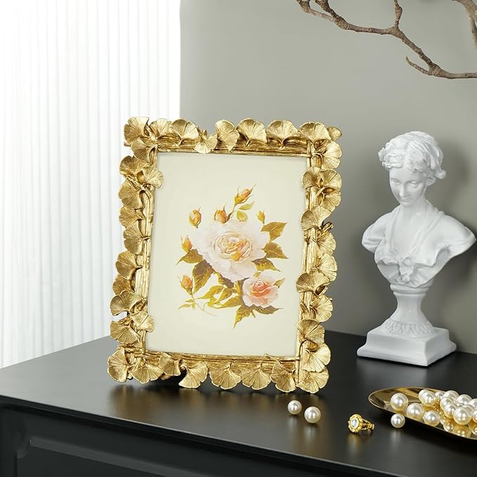 Cuspin 6x8 Picture Frame, Vintage Ornate Gold Resin Frame with Glass Front, Ginkgo Leaf Textured, Tabletop Display & Wall Hanging, Retro Home Decor