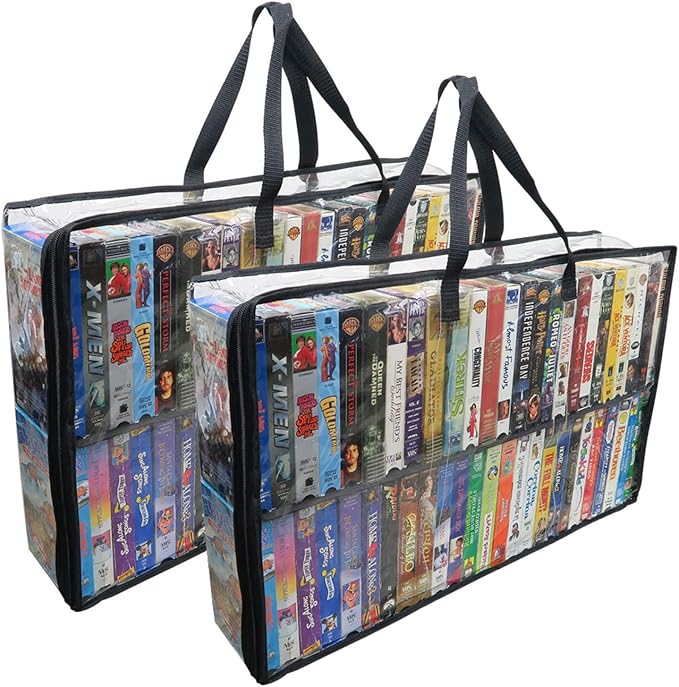 Evelots 2 Pack-VHS Movie Tape Storage Bag/Case, Clear PVC Plastic-Holds 100 Total, Strong Handles-No Dirt/Moisture/Dust