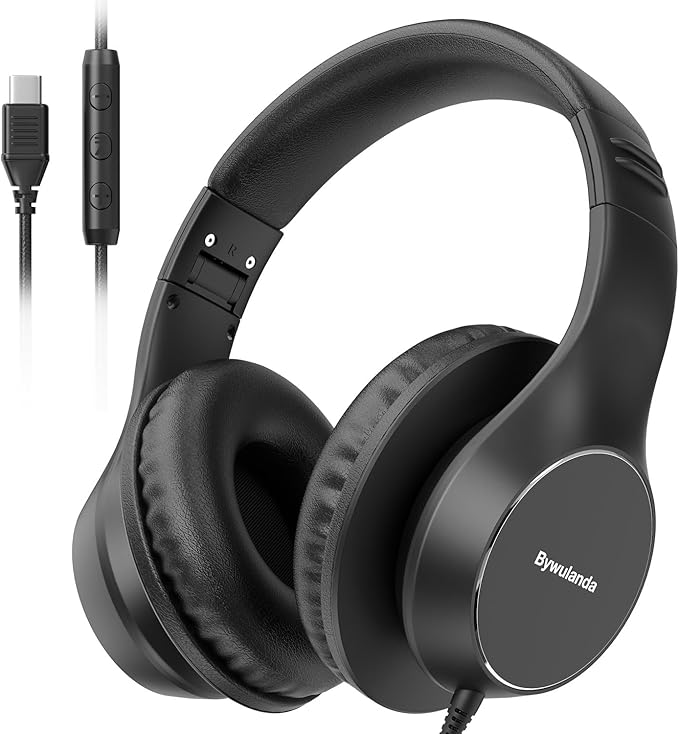 USB C Wired Over-Ear Headphones, Corded Stereo Headsets with Microphone, Volume Control, Comfortable Fit Foldable Headphone for iPhone 15/16/17, Samsung, Laptop, Tablets, Travel(Black)