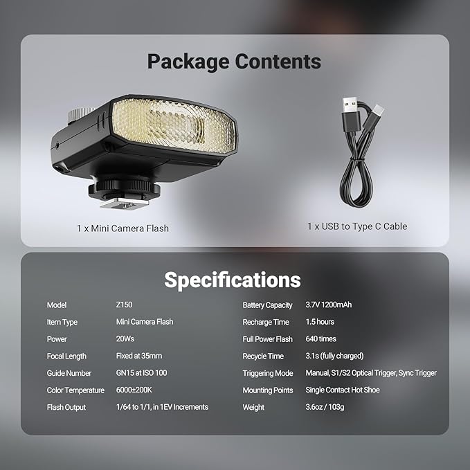 NEEWER Mini Camera Flash Light, 20Ws GN15 1200mAh/640 Full Power Flashes/3.1s Recycle/6000±200K, Manual 1/64-1/1 Power & S1/S2 Mode, Speedlite Compatible with Canon Nikon Sony Zv1 Fujifilm, Z150