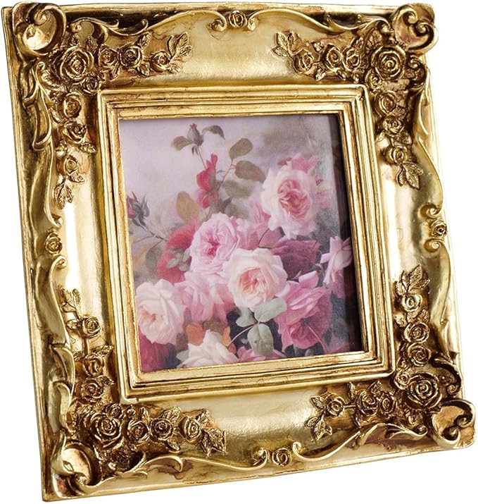 Cuspin Ornate Gold Picture Frame 4x4, Vintage Square Resin Photo Frame with Rose Floral Carvings, Glass Front, Tabletop Easel & Wall Mount (Horizontal/Vertical), Fits 4x4 Photo