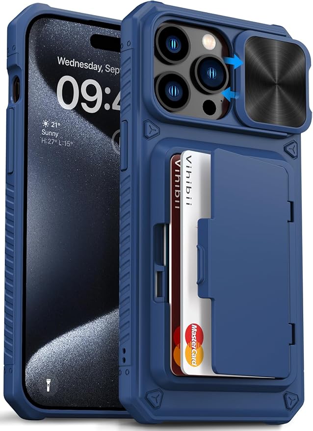 Vihibii for iPhone 15 Pro Max Wallet Case with Card Holder (4 Cards) & Slide Lens Protective Cover & Kickstand & Raised Edges Protect Screen, Shockproof Rugged Case for iPhone 15 Pro Max 6.7", Blue
