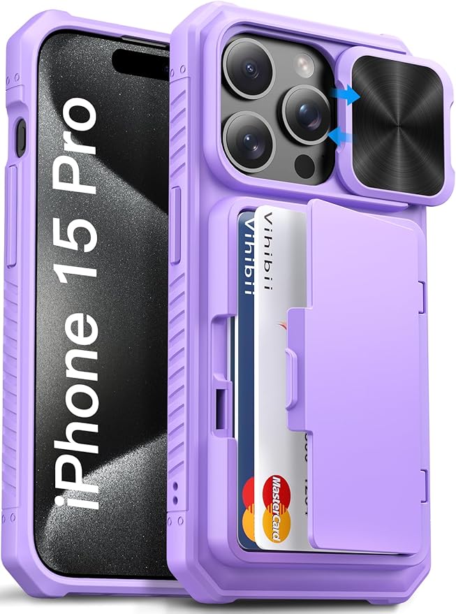 Vihibii for iPhone 15 Pro Case with Card Holder (4 Cards) & Slide Camera Cover & Kickstand, Shockproof Rugged Durable Hard Back & Soft Edge Wallet Phone Case for iPhone 15 Pro 5G 6.1" 2023, Purple