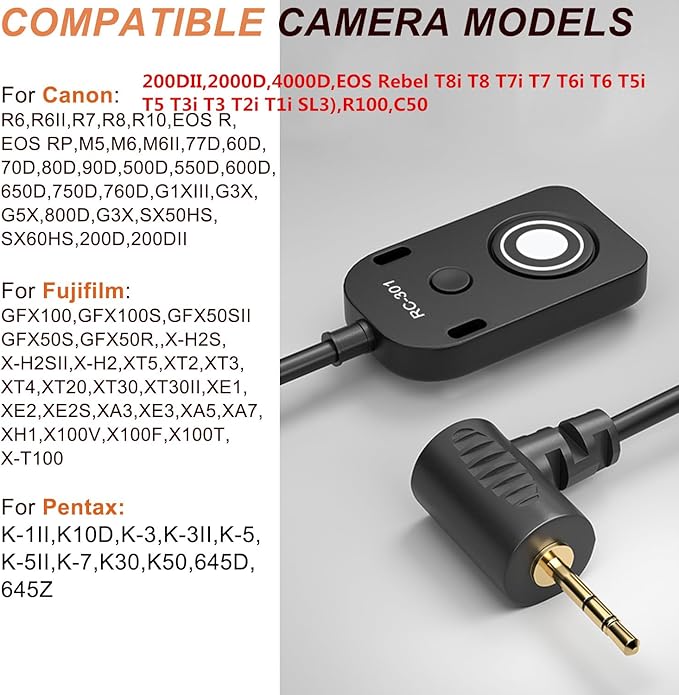 RC301-2.5mm 196.8 "Extended Cable Shutter Release Remote for Fujifilm and Canon Cameras EOS Rebel T8i T8 T7i t6 t6i t1i t2i t3 t3i t4i SL3 2000d 4000d R100 Fuji XT2/3/4/5 XH2S GFX100/S /50 /s