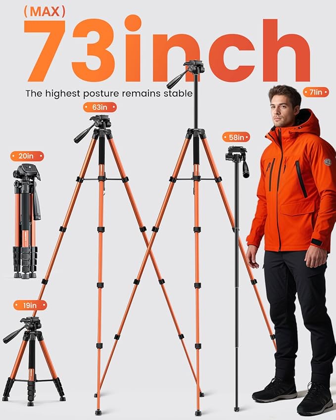 CAMBOFOTO 73" Camera Tripod and Monopod, Professional Aluminum Tripod Stand for Mirrorless Camera/DSLR/Cell Phone/Camcorder/GoPro, with Phone Holder and Travel Bag (Burnt Orange)