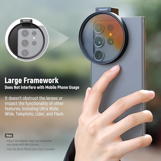 NEEWER 67mm Phone Filter Mount, Adjustable Threaded Lens Filter Clip with Cold Shoe Mount Compatible with iPhone 17 16 15 Pro Max Plus 14 13 Samsung Galaxy S25 Ultra S24, LA006