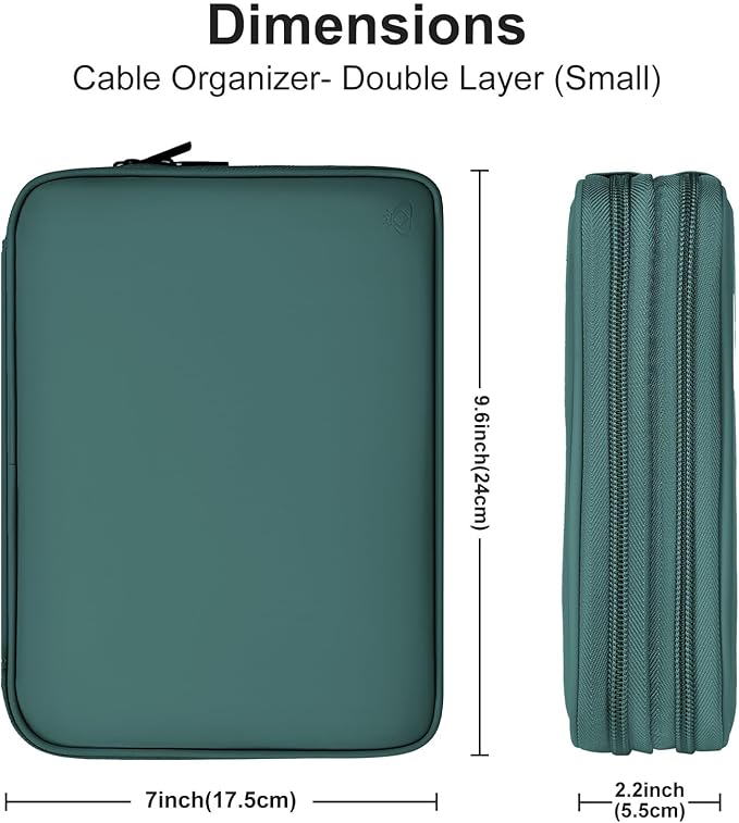 Leather Cord Organizer Travel Waterproof Travel Cable Organizer Bag Portable Tech Organizer Travel Case for Charger Electronic Accessories(Deep Green, Double Layer-Small)