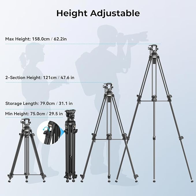 SmallRig AD-50Lite Video Tripod, Heavy Duty Tripod with 360°Fluid Head, 62" Aluminum Alloy Travel Tripods with QR Plate, Lift Rope, Load up to 11lb for DSLR, Camcorder, Camera
