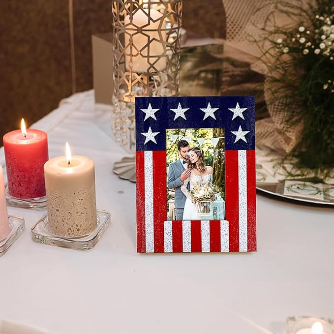 ABOOFAN American Flag Picture Frame, Independence Day Wooden Photo Frame, Desktop Picture Display Stand, 4th of July, Christmas Patriotic Decoration (6x8'', no Glass)