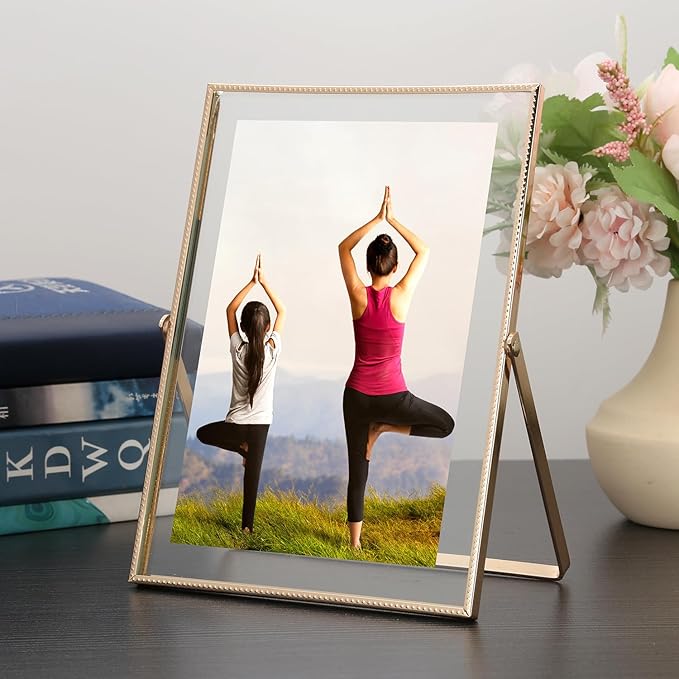 Gold 5x7'' Floating Frame Set of 2, For Photo Sizes (3.5 x5'', 4x 6'' up to 5x7'' ), Beautiful Metal Lace Edge Frames Adjustable Tabletop/Shelf Photo Frame, Classy Gift Choice for Wedding,
