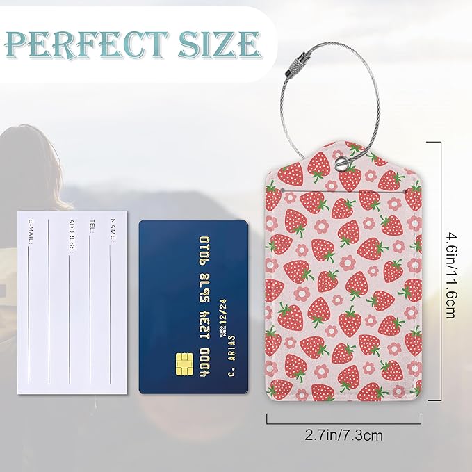 Strawberry Luggage Tags for Suitcase 2 Pack,Vintage Groovy Flowers Luggage Tag PU Leather Privacy Cover ID Label with Stainless Steel Loop for Women Men Teens Travel