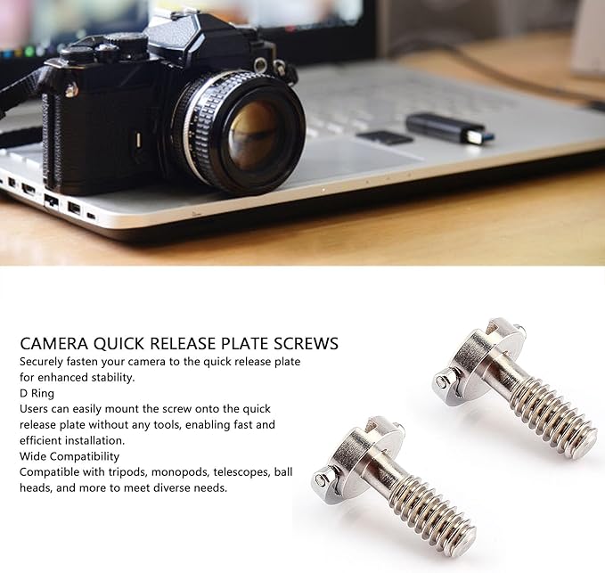 GOWENIC 2PCS Fat D Ring Camera Screws, Long Shank 1/4" 20 Stainless Steel Thread Quick Release Plate Mounting Screws for Tripod, Monopod, DSLR Camera Rig
