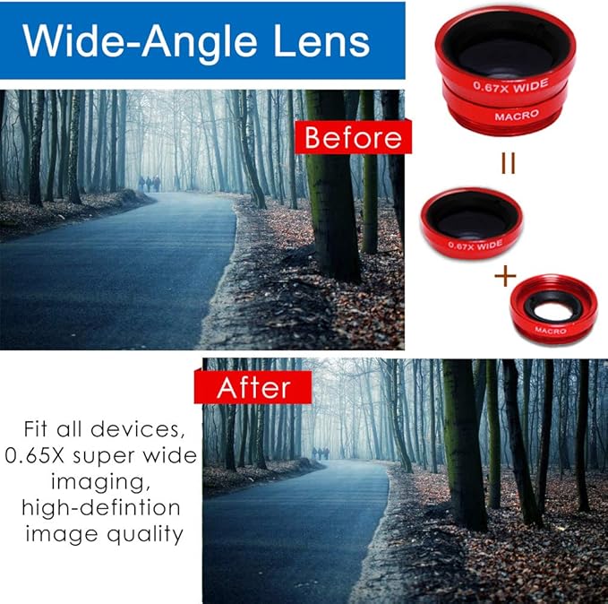 KINGMAS 3 in 1 Universal Fish Eye Lens, Macro Clip Lens Wide-Angle Camera Lens Kit for iPad iPhone Samsung Android and Most Smartphones (Red)